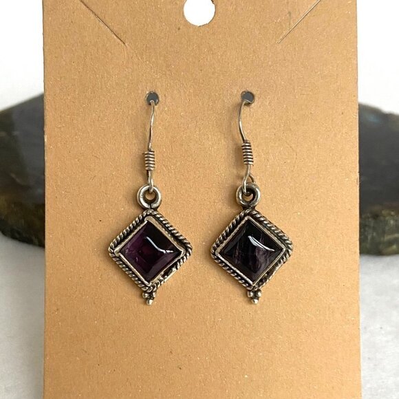 Sterling Silver 925 Bezel Set Diamond Shaped Amethyst Cabochon Dangle Earrings - Picture 2 of 16